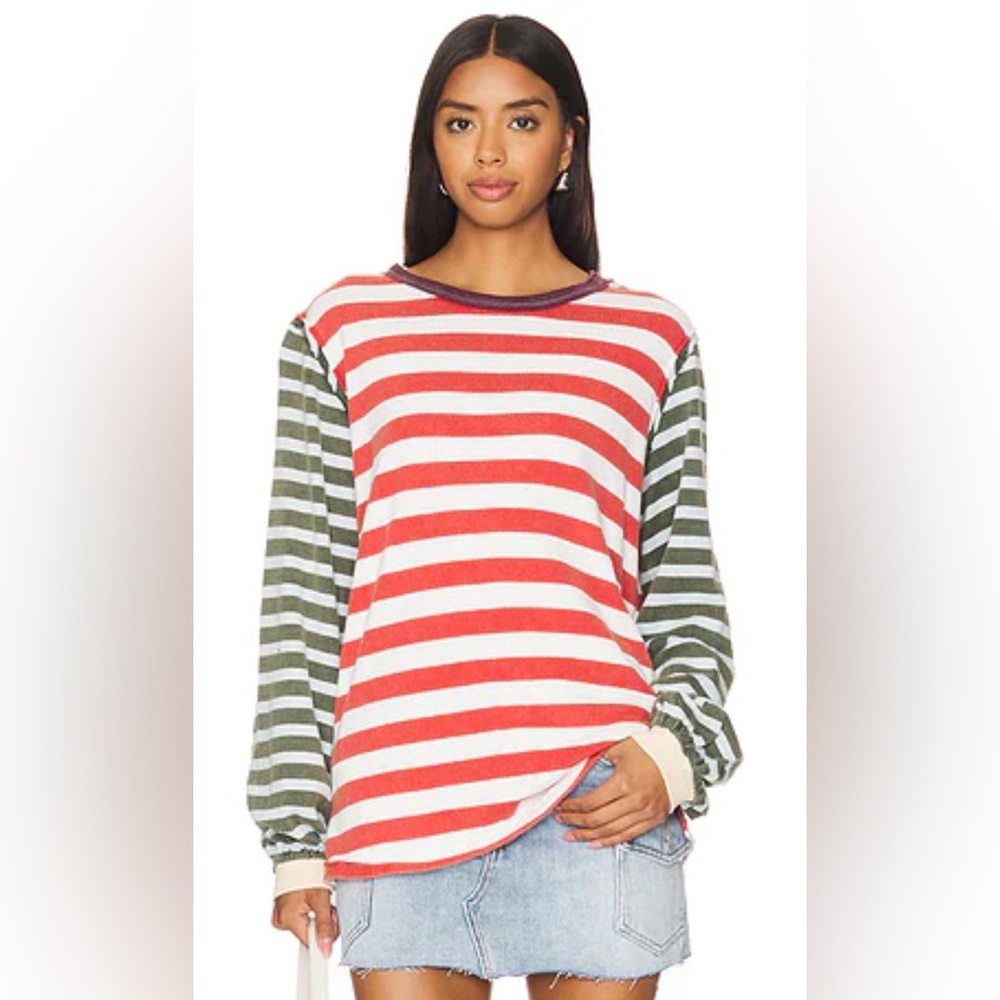 We The Free Red White and Olive Green Striped Long Sleeve Tee
